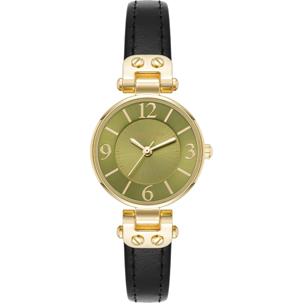 Women's Black/Green Domed Mineral Crystal Lens Leather Strap Closure Watch
